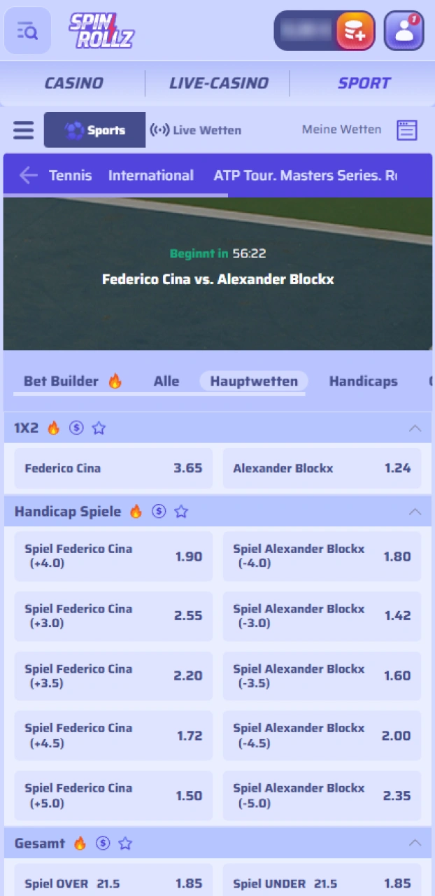 Entscheide dich für eine Wettart wie Siegwette oder Handicap für dein Tennis-Spiel bei Spinrollz.
