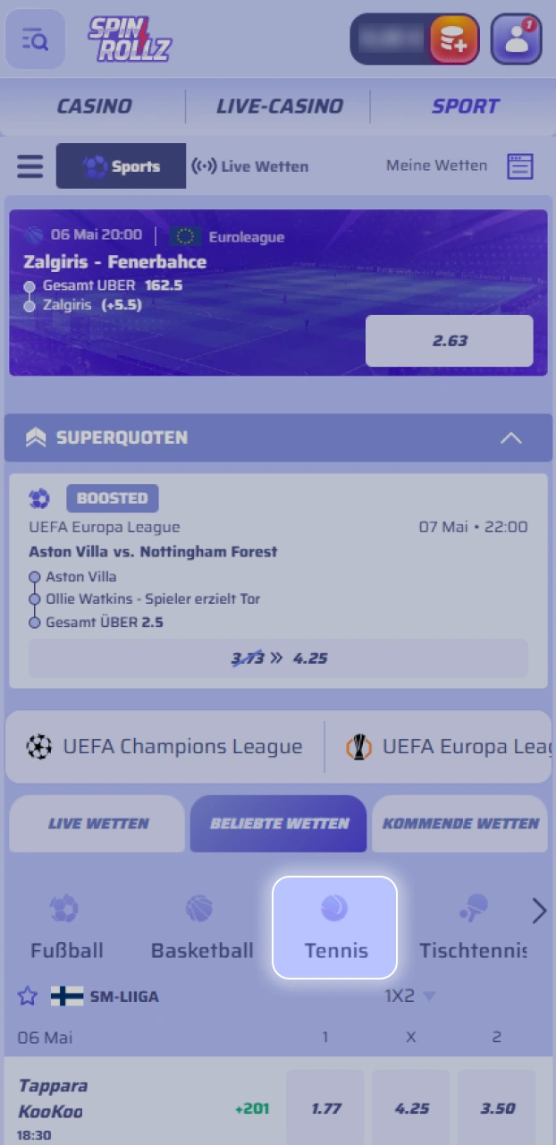 Navigiere zum Bereich Sportwetten und wähle Tennis aus der Liste bei Spinrollz aus.