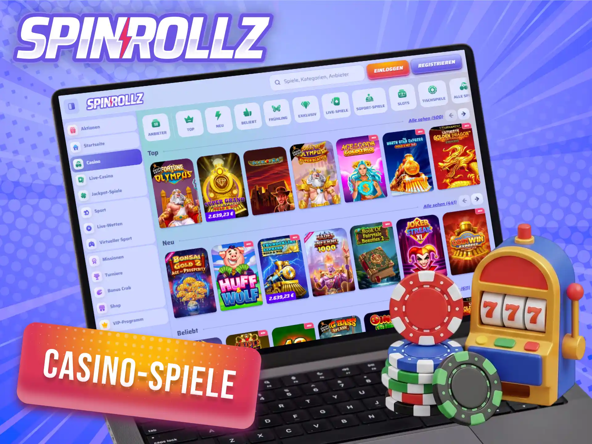 Teste die vielen modernen Glücksspiele im Online-Casino des Unternehmens Spinrollz.